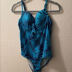 Islander teal and black leaf print design one piece swim, adj straps